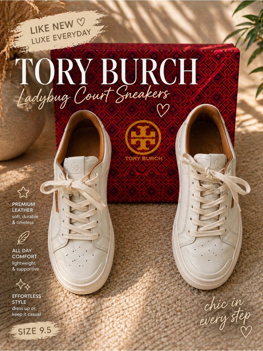 Tory Burch Ladybug Court Sneakers White Cream Leather Size 9.5